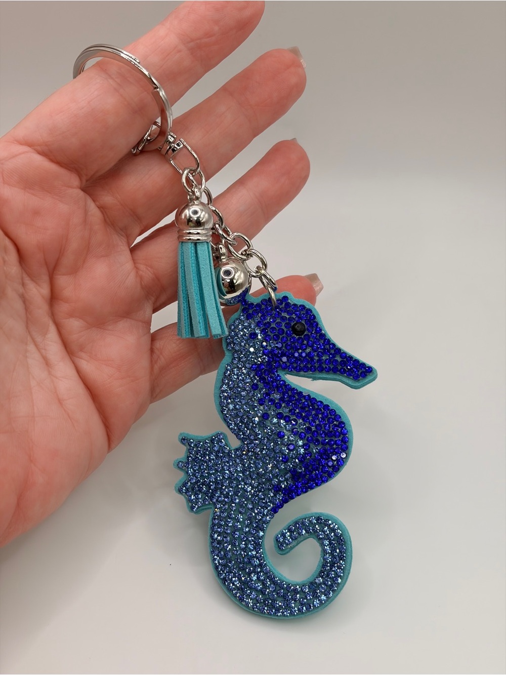 Blue Rhinestone Seahorse Keychain with Tassel